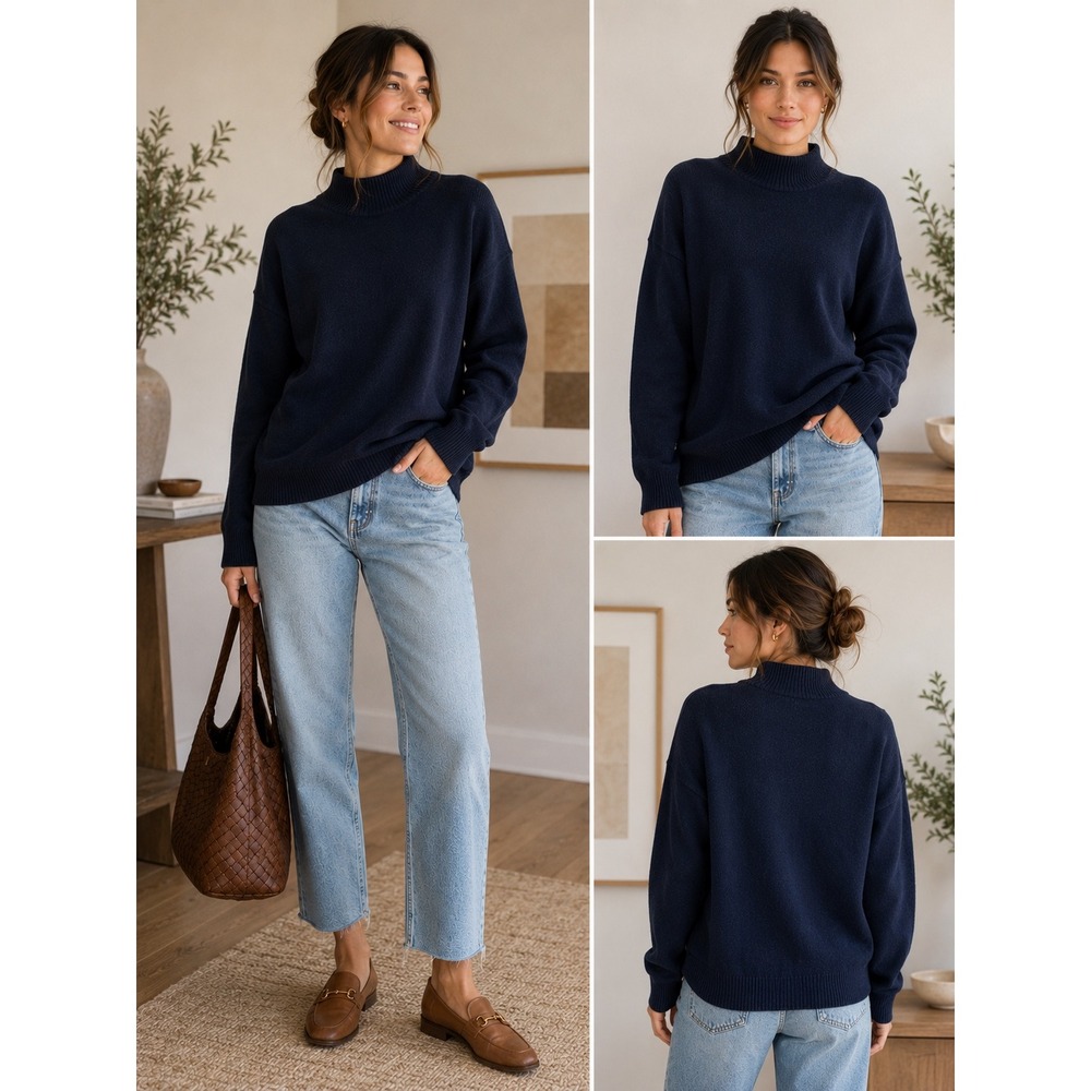 UNIQLO Womens Large Black Wool Blend Funnel Neck Sweater Oversized Knit Pullover